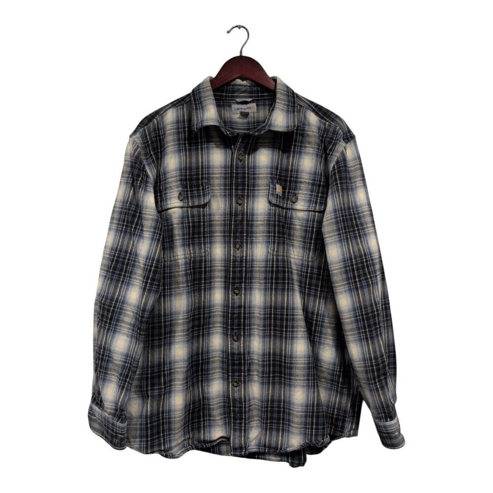 Carhartt Relaxed Fit Flannel Shirt Mens L Plaid Casual Button Down Pocket Blue